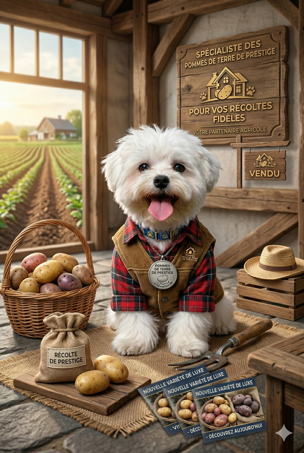 Agriculteur de pommes de terre avec ses outils et sa recolte