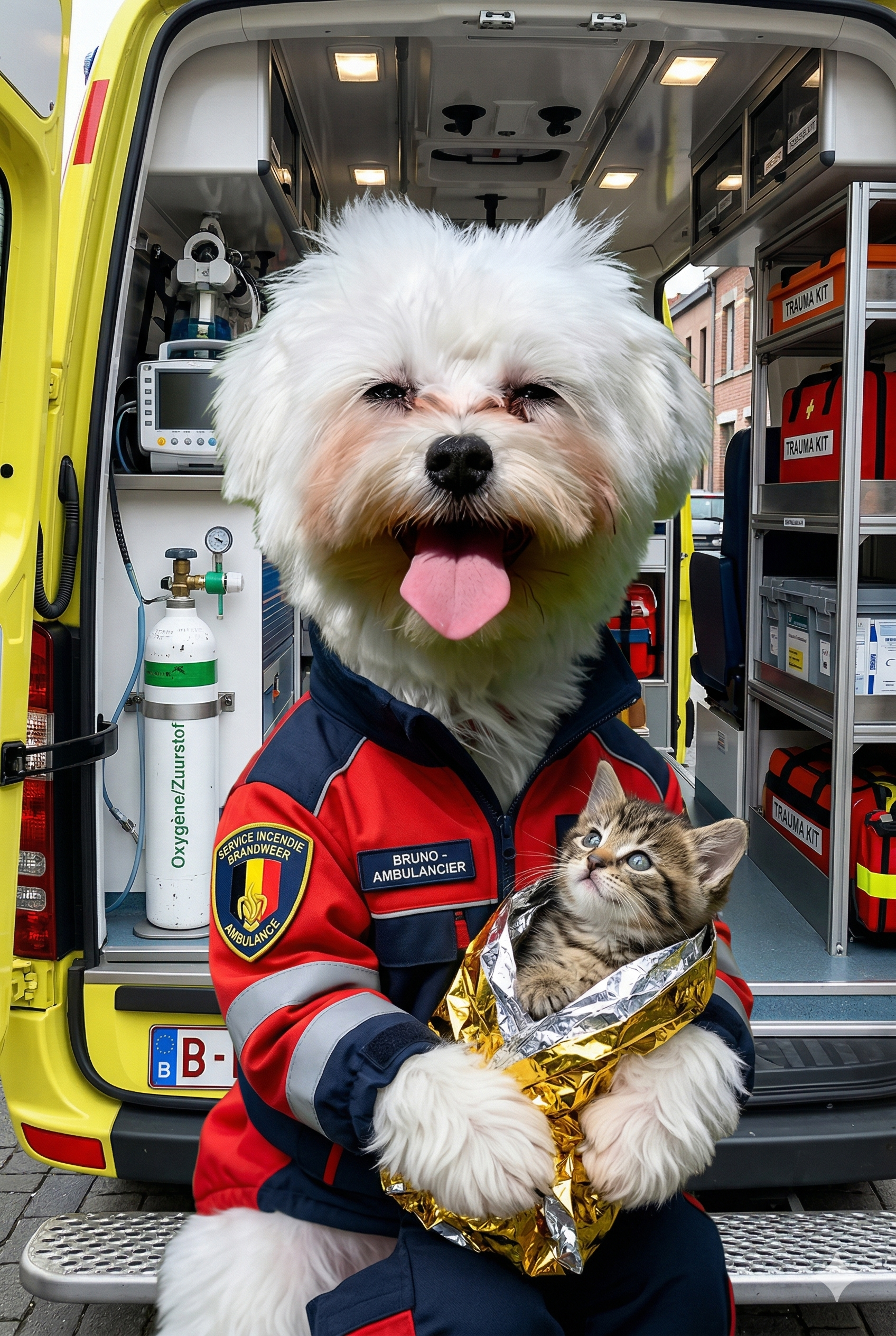 Ambulancier belge dans son ambulance qui sauve un chat