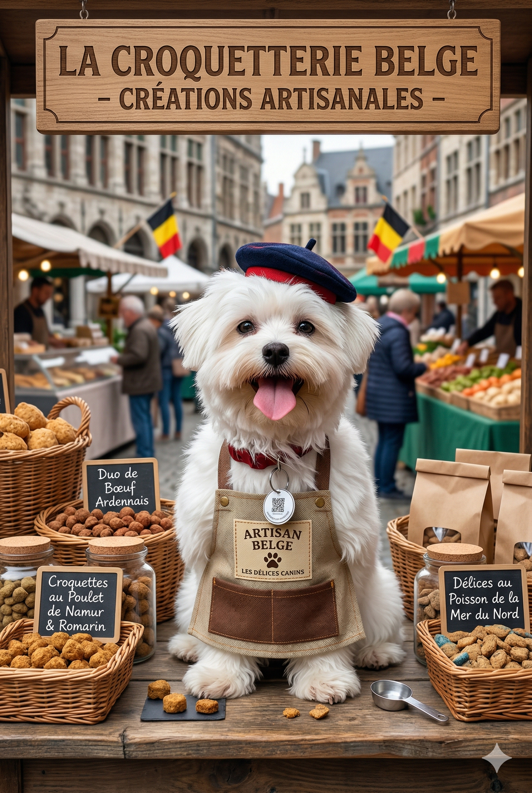 Artisan belge qui gere son stand de croquettes artisanales sur un marche