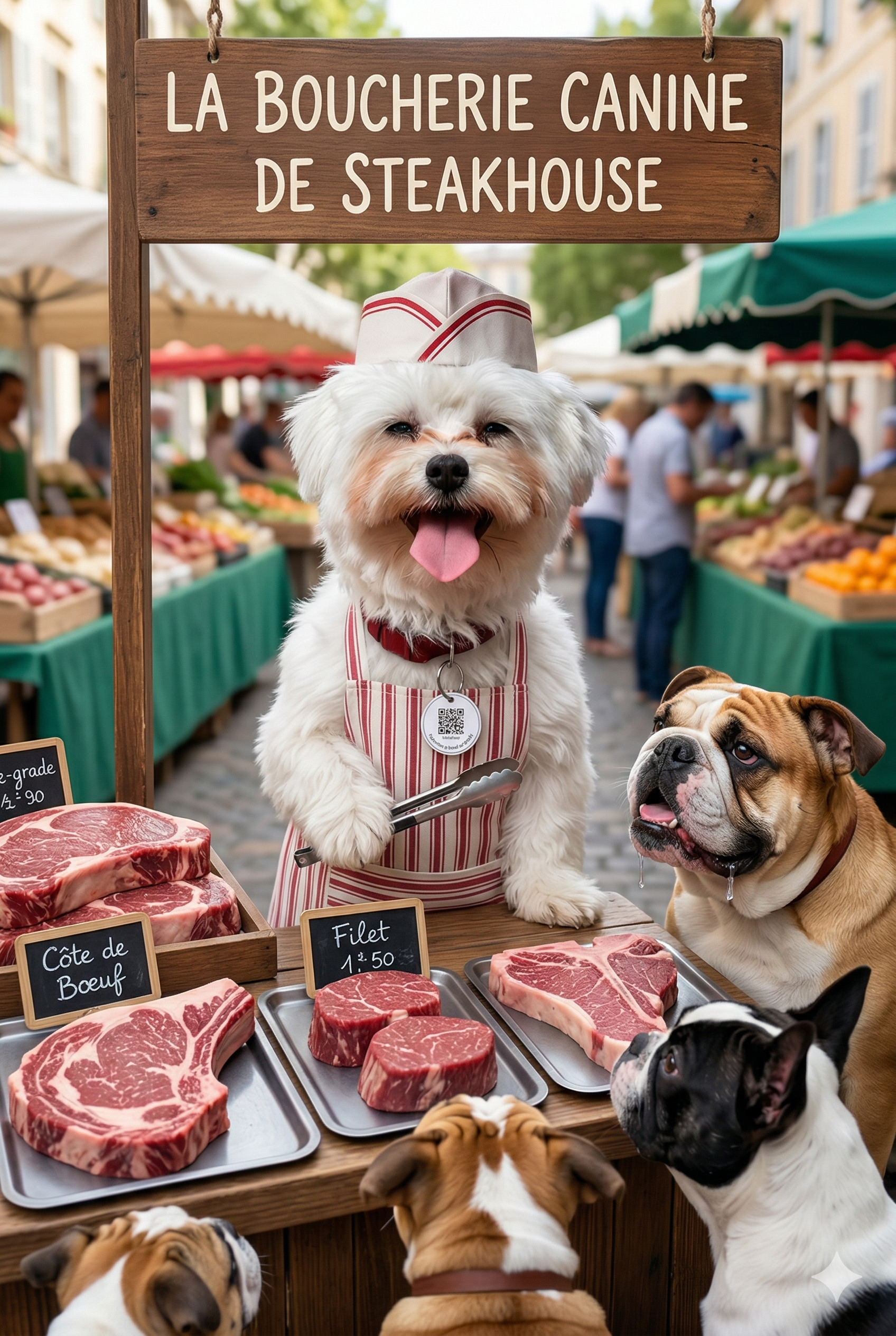 Boucher au travail en train de vendre des steaks a des bulldogs